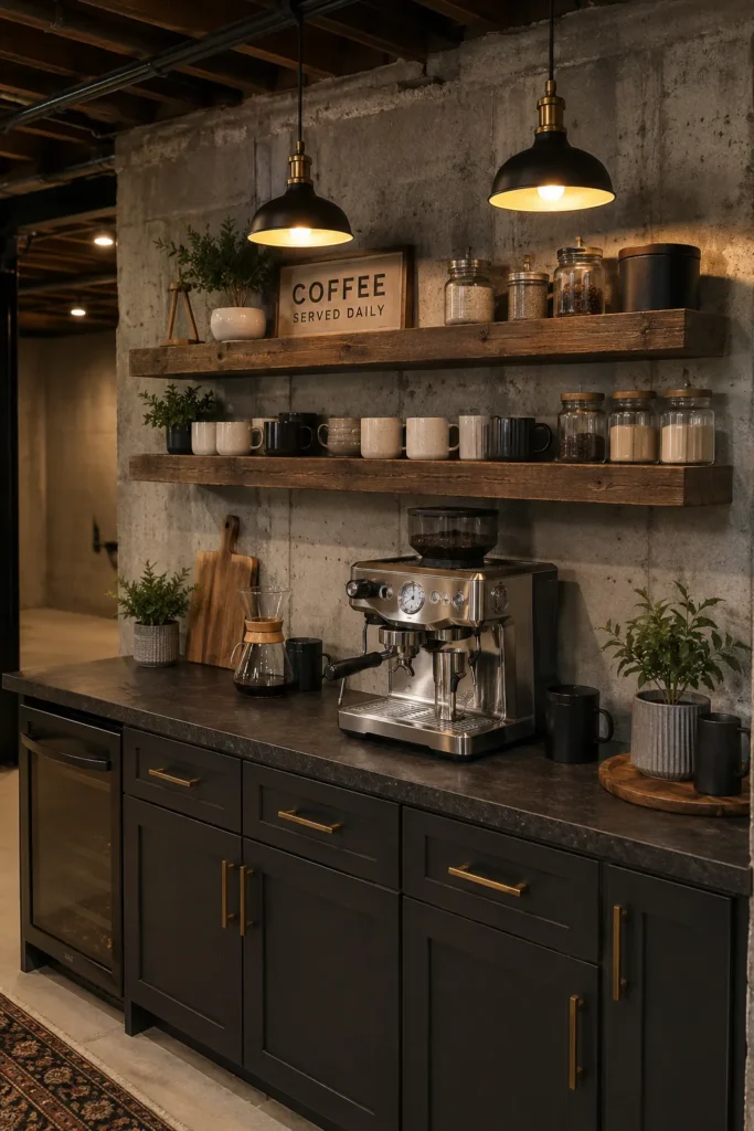 Basement Coffee Bar with Floating Wood Shelves