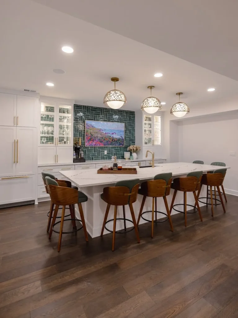 Basement Entertaining Space With Oversized Island Seating