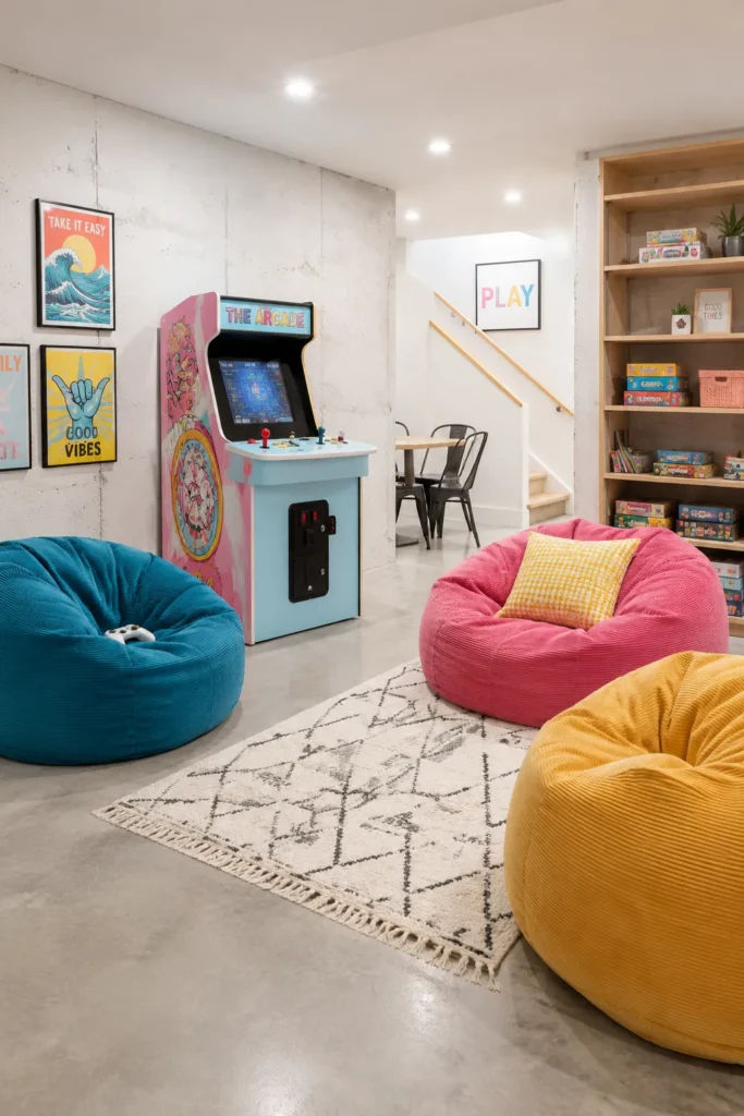 Basement Game Room with Retro Arcade Style Decor