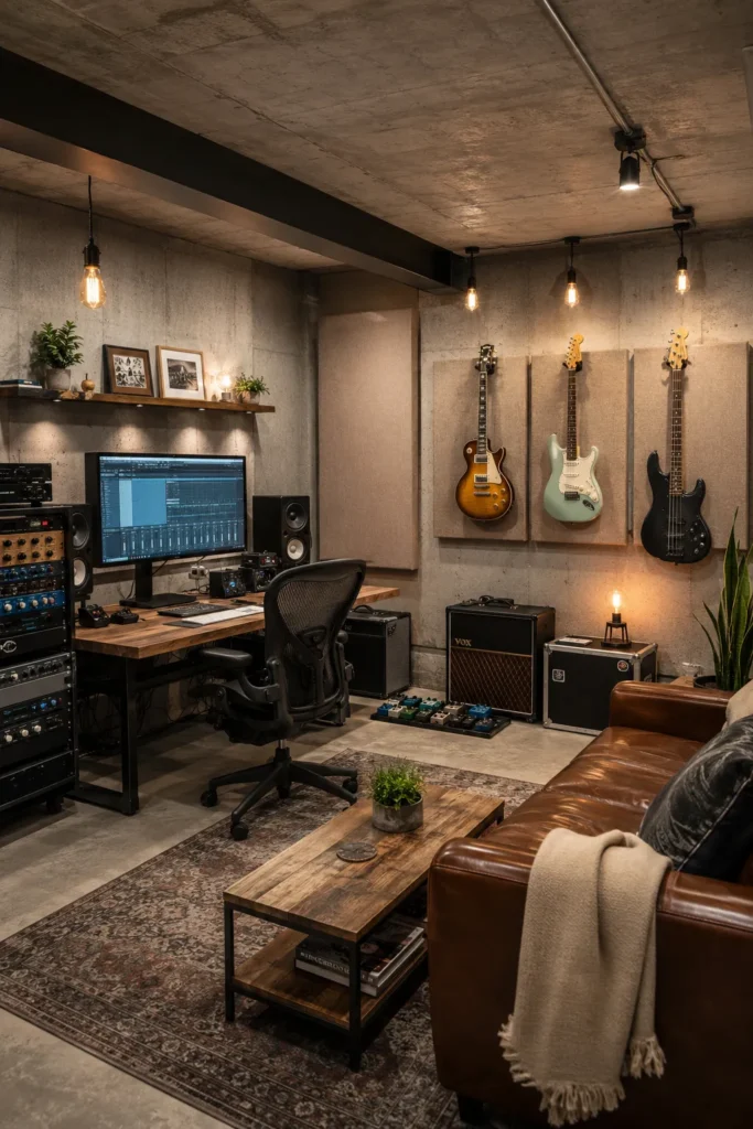 Basement Music Studio with Industrial Style Details