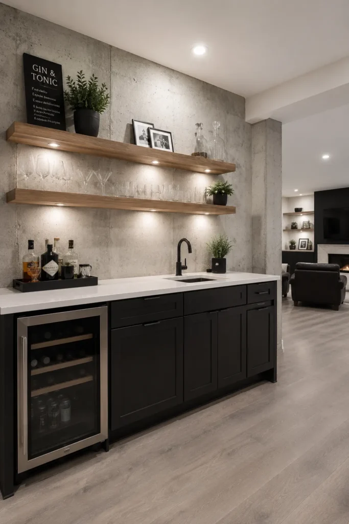 Basement Wet Bar with Floating Wood Shelves