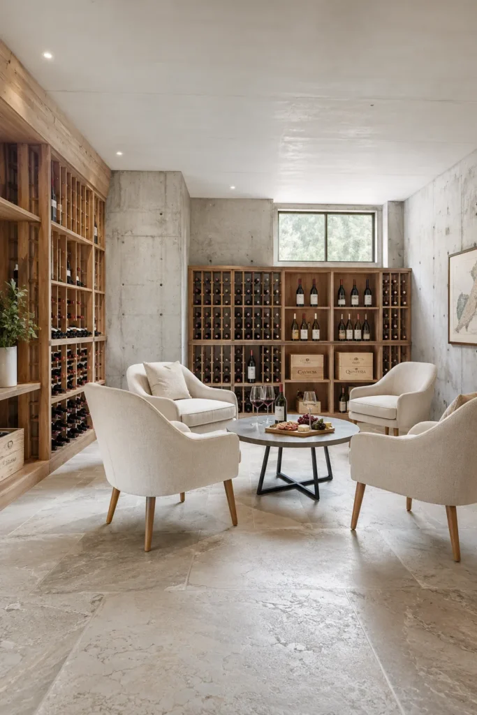 Basement Wine Room with Concrete and Wood Finishes