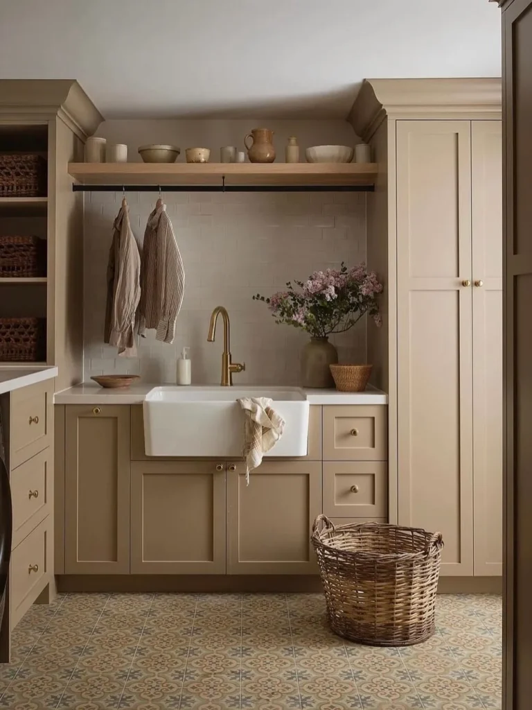 Beige Cabinet Laundry Room With Cottage Style Storage