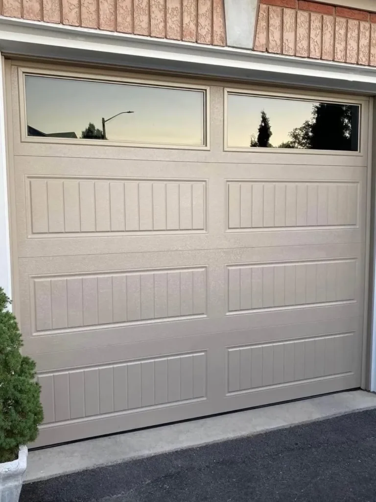 Beige Garage Door Ideas With Modern Window Panels