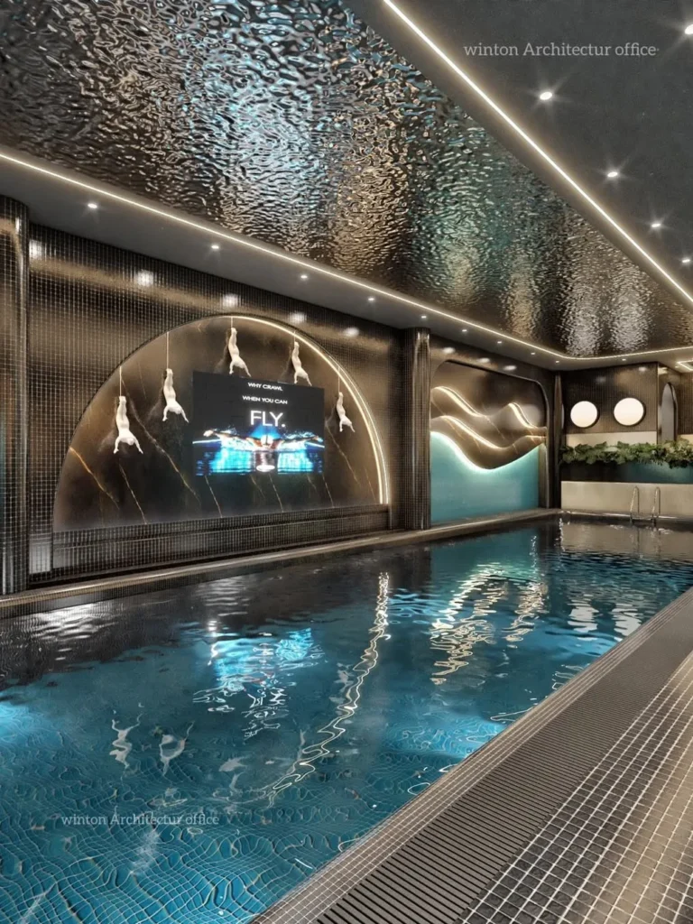 Black and Blue Indoor Pool Design With Resort Feel