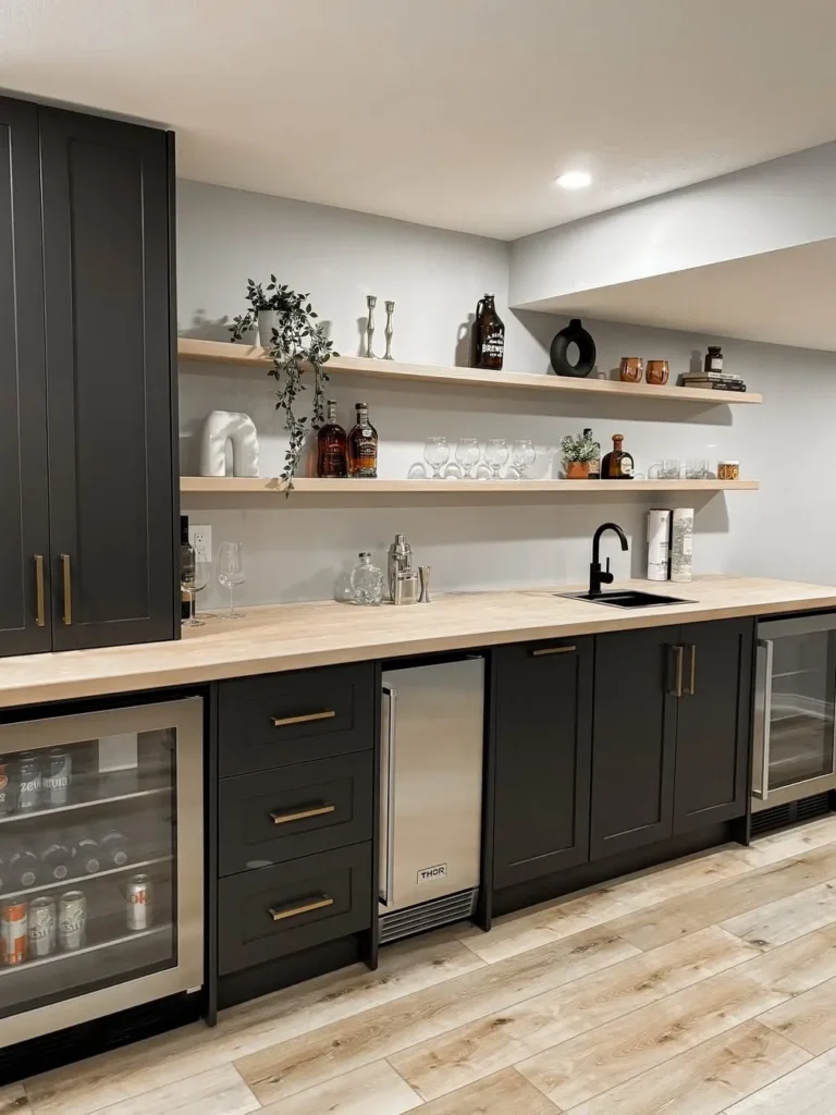 Black and White Basement Kitchen With Waterfall Island