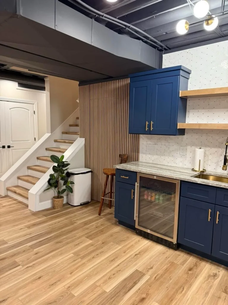 Blue Basement Kitchenette With Modern Wood Slat Detail
