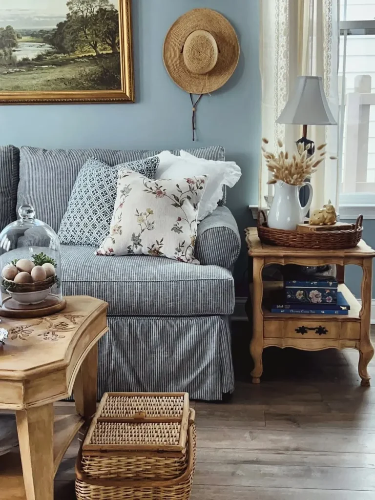 Blue Cottage Living Room With Floral Details