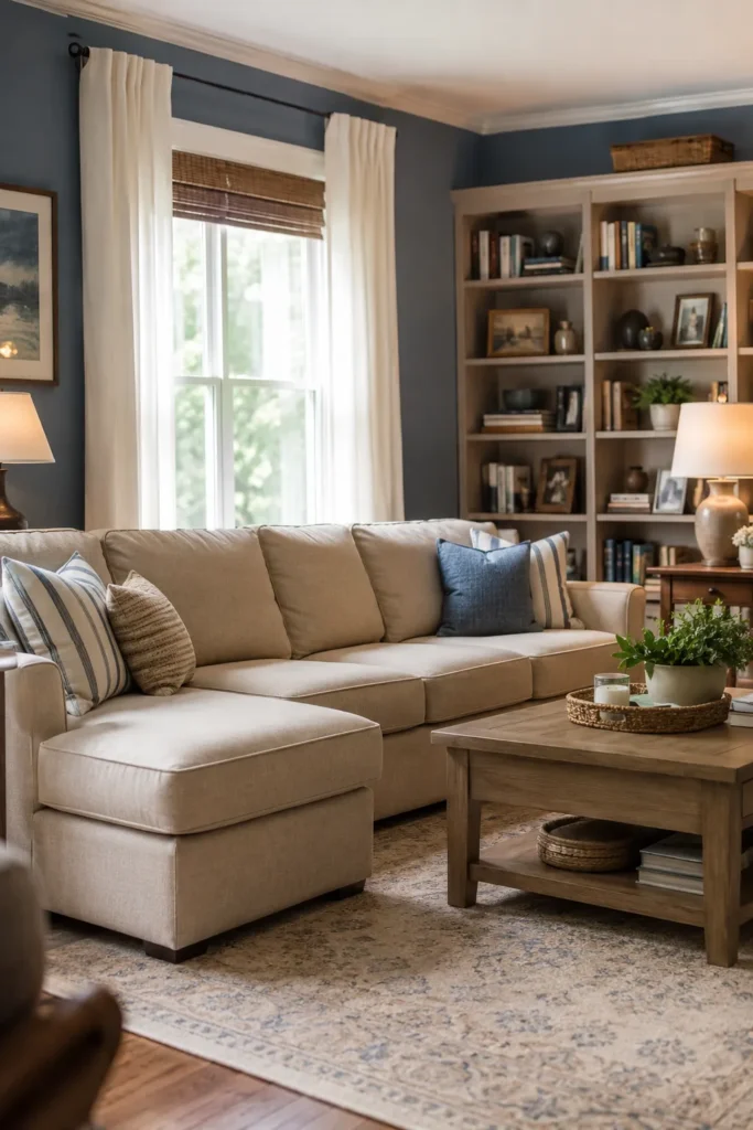 Blue and Beige Family Room With Timeless Comfort
