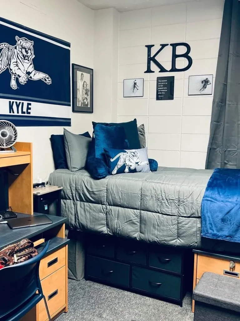 Blue and Gray Boys Dorm Room Setup