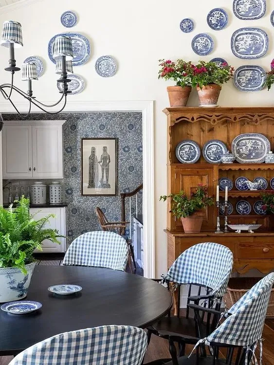 Blue and White Dining Room With Collected China Decor