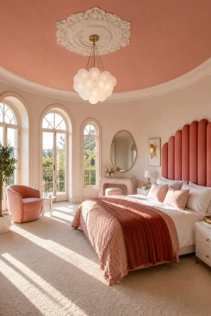 Blush Pink Bedroom With Arched Windows and Vintage Details