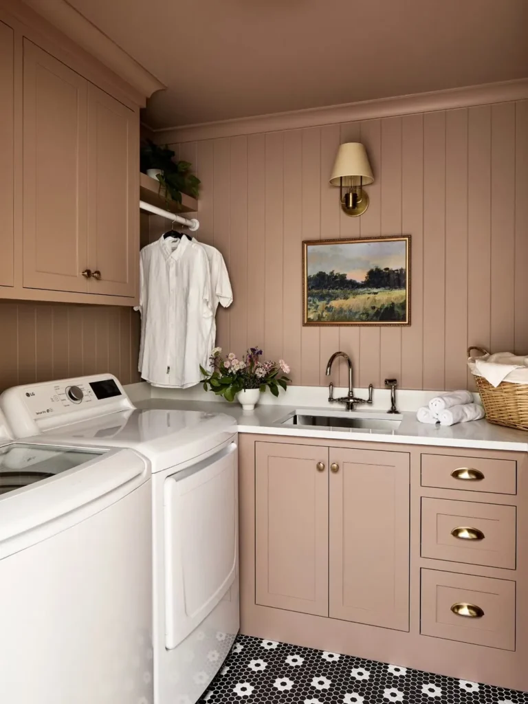 Blush Pink Laundry Room With Brass Hardware Details