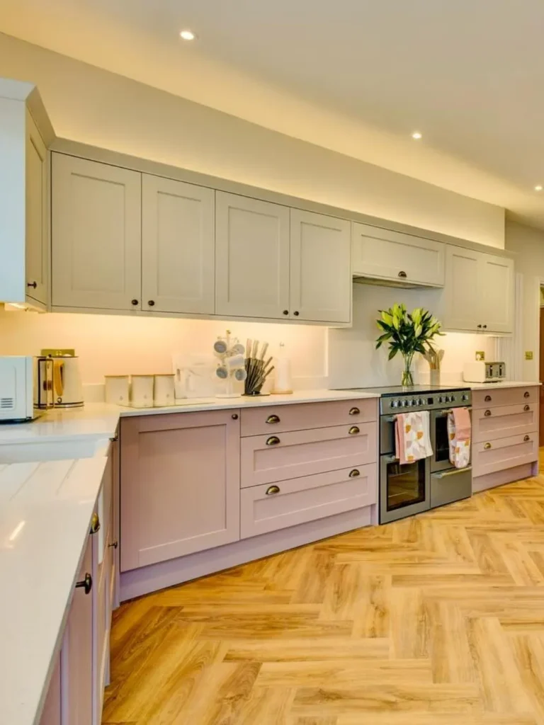 Blush Pink Lower Cabinets With Warm Neutral Uppers