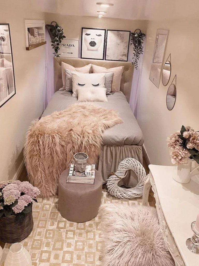 Blush Toned Small Bedroom With Soft Glam Details