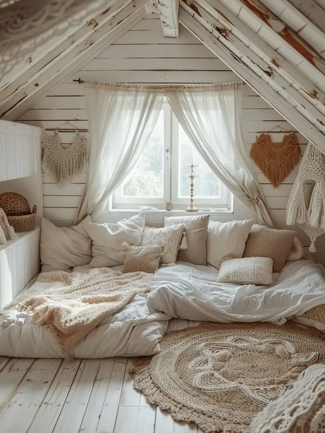 Boho Attic Bedroom With White Wood Walls