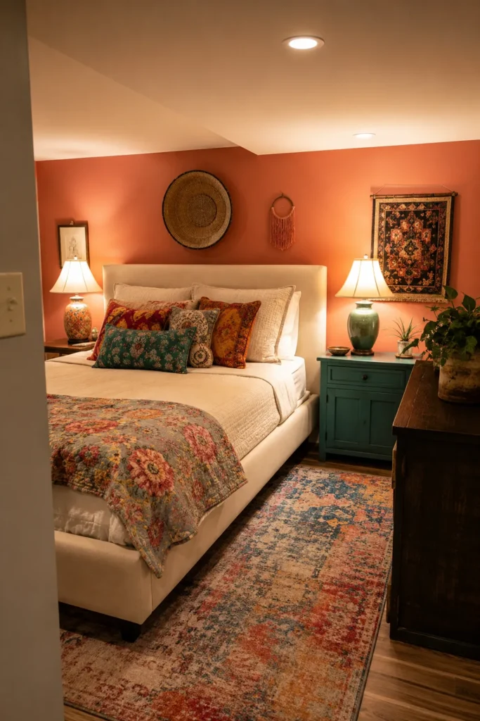 Boho Basement Bedroom With Warm Coral Walls