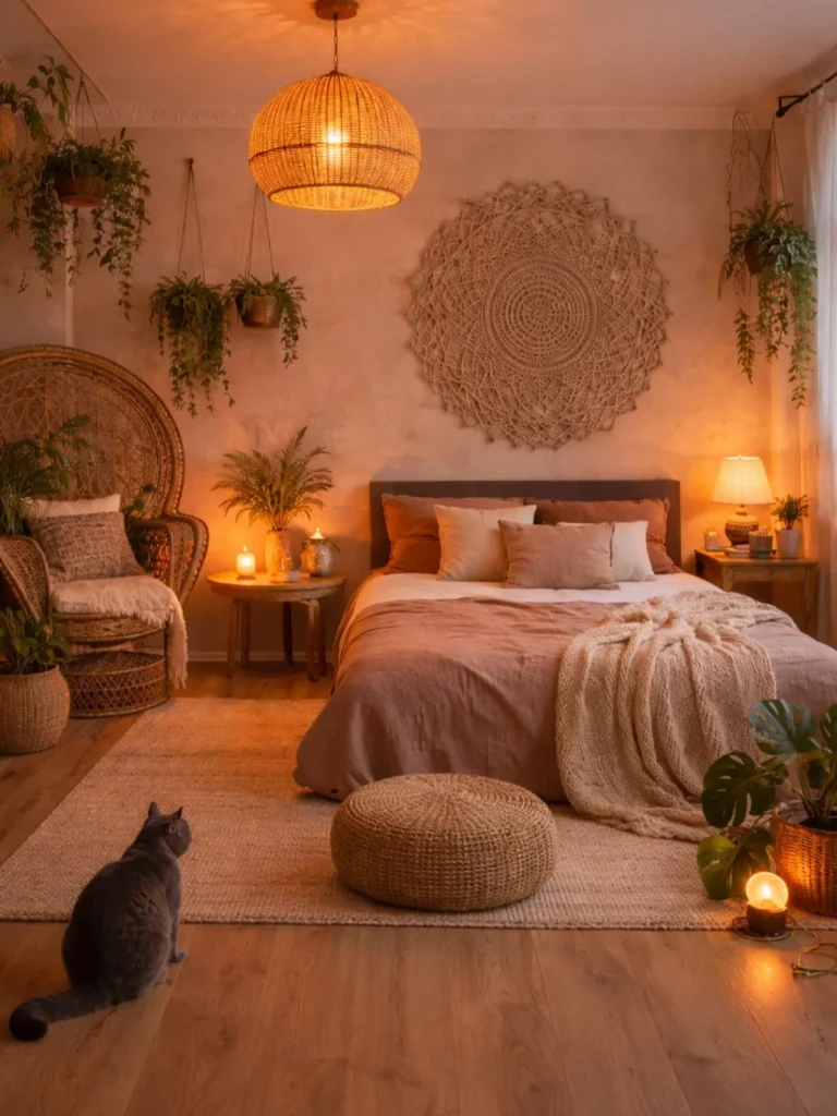 Boho Bedroom With Rattan Decor and Layered Textures