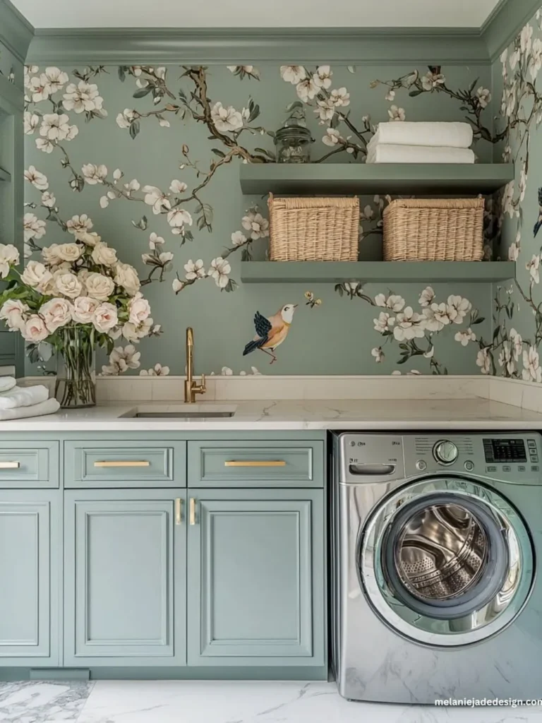 Botanical Farmhouse Laundry Room With Floral Wallpaper