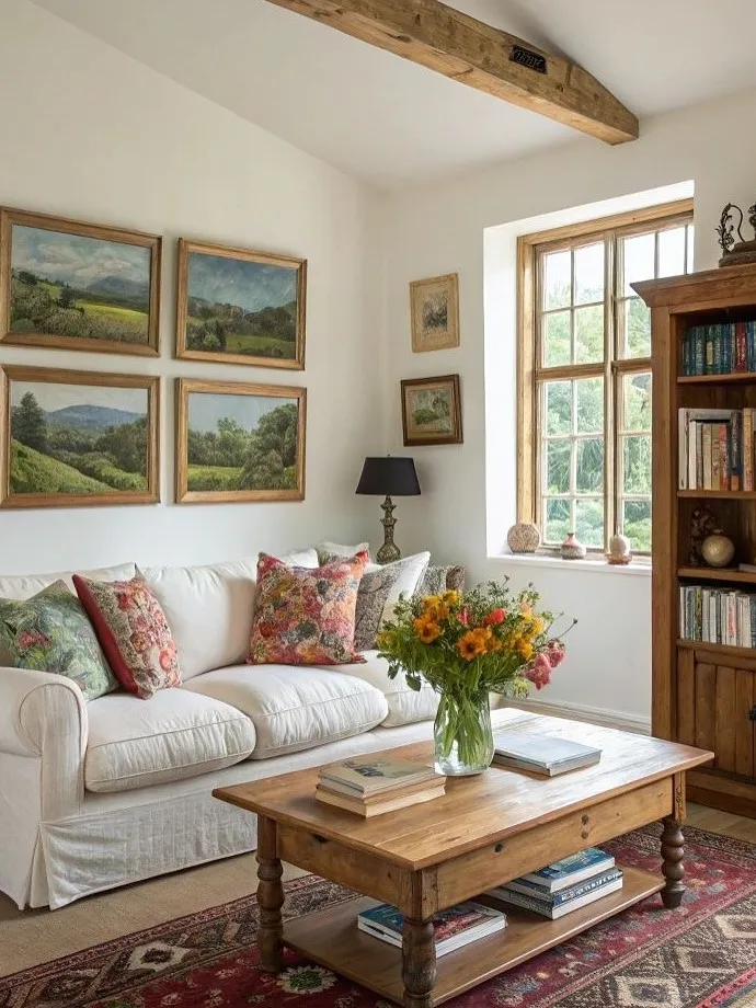 Bright Country Living Room With Wood Beam Details
