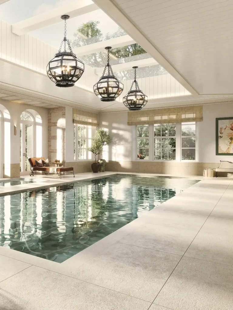 Bright Indoor Pool With Skylights and Classic Lanterns