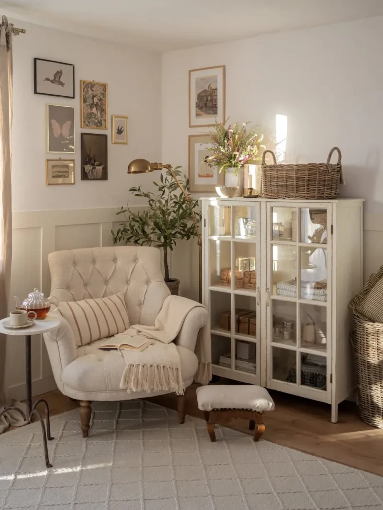 Bright Reading Nook With Glass Cabinet Display
