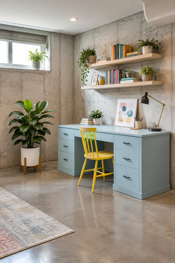 Bright Study Corner Ideas for an Unfinished Basement