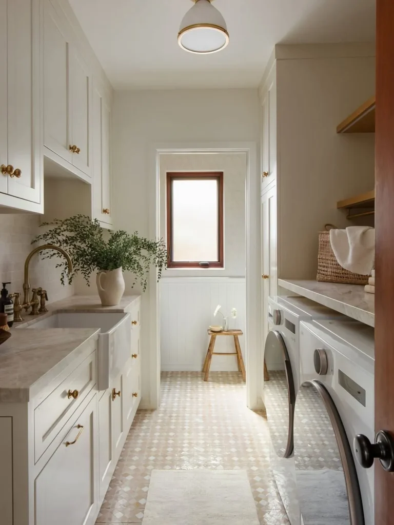 Bright White Laundry Room With Built-In Storage and Sink