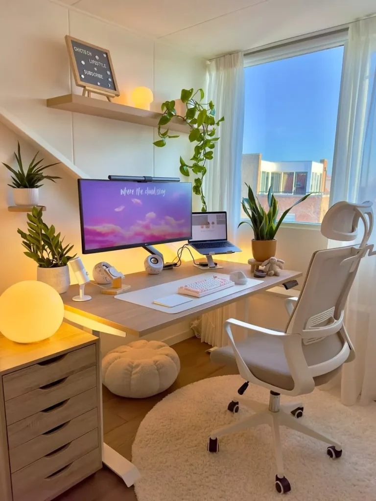 Bright Window Desk Nook With Cozy White Accents