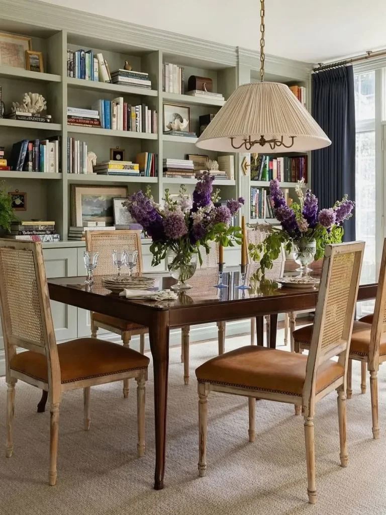 Built-In Bookshelves Framing a Classic Dining Space