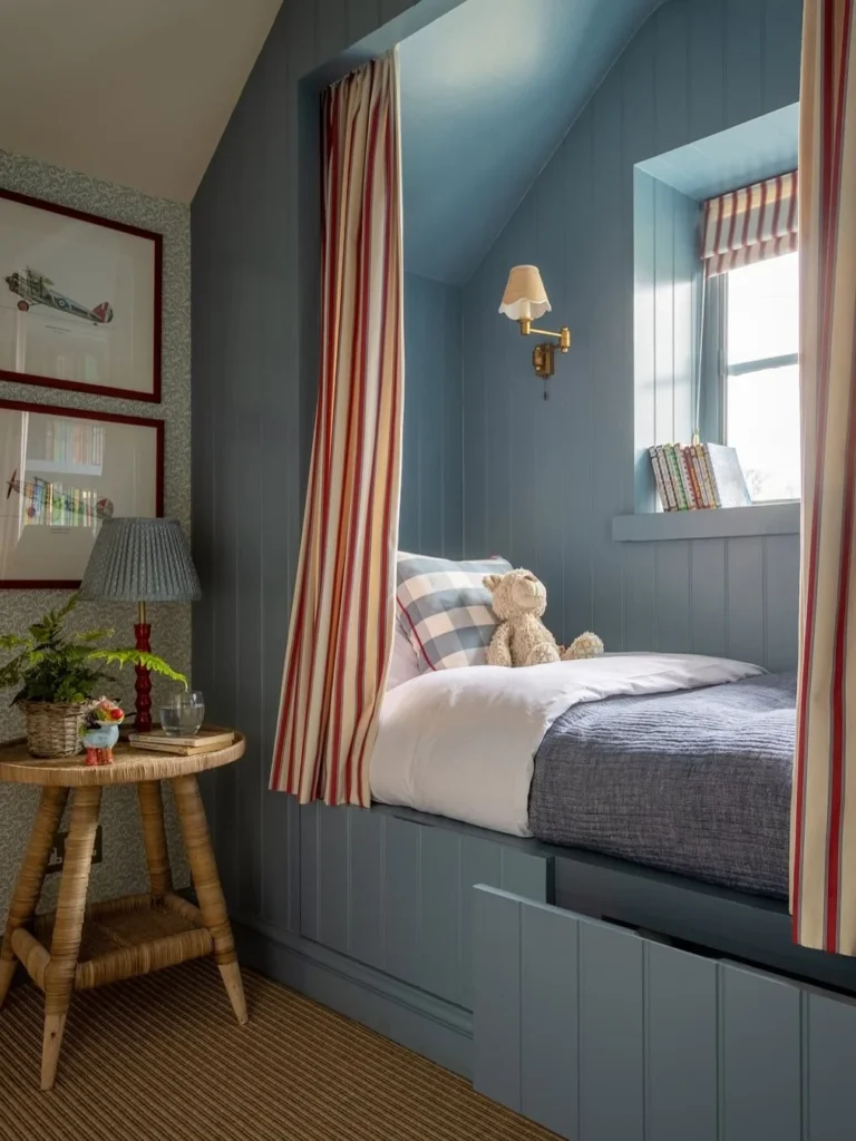 Built-In Nook Bed With Striped Curtains
