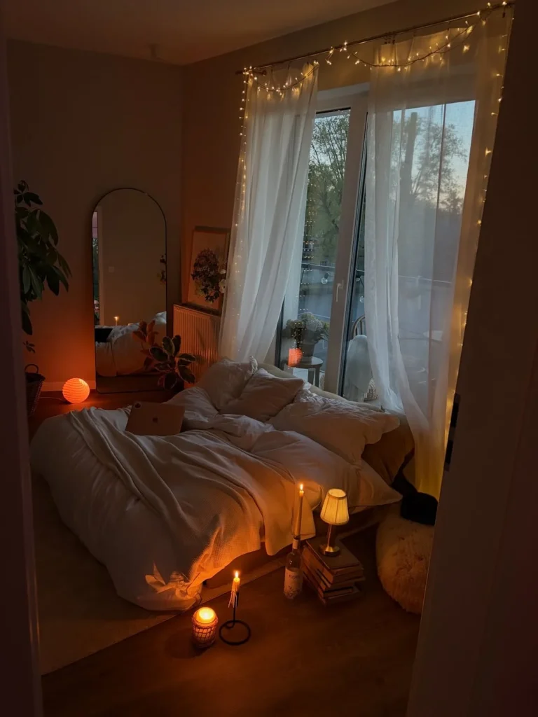 Candlelit Bedroom With Sheer Curtains and Warm Evenings