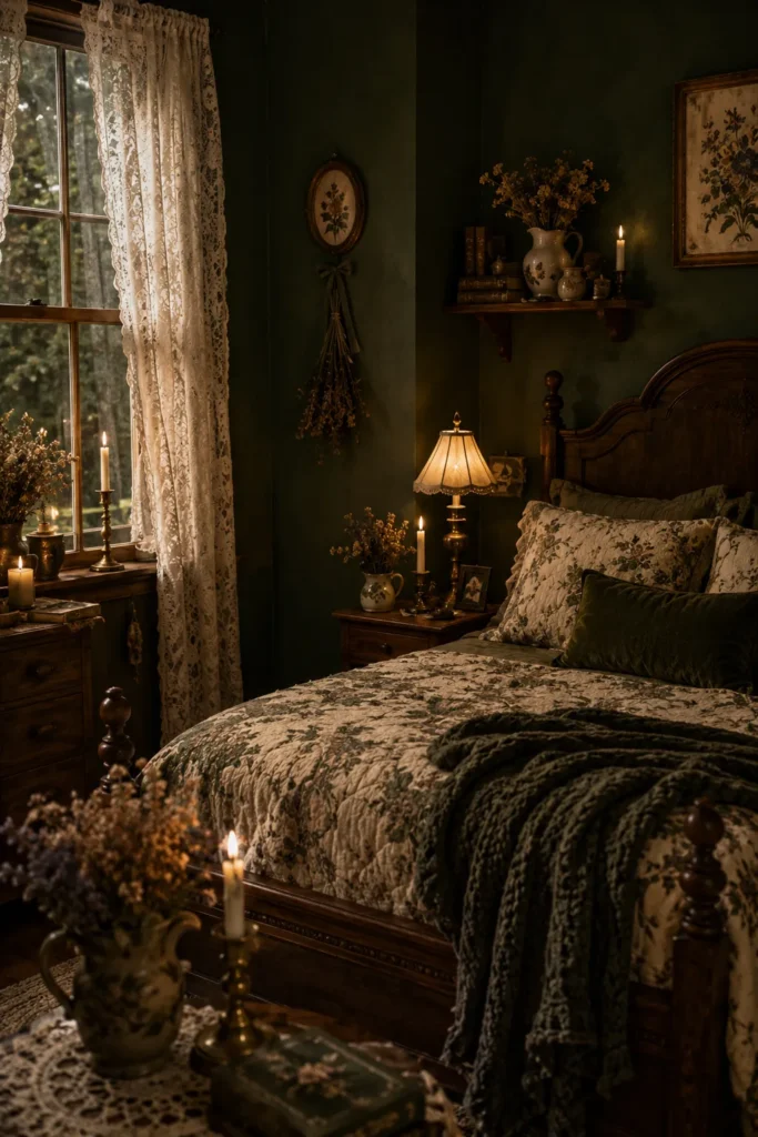 Candlelit Dark Cottagecore Bedroom With Vintage Charm