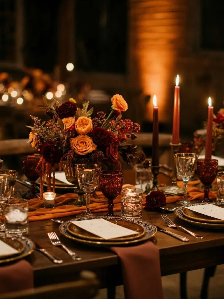 Candlelit Fall Tablescape With Burgundy and Amber Accents