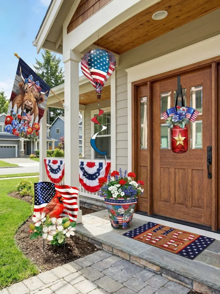 Charming Front Porch With Americana Garden Flags