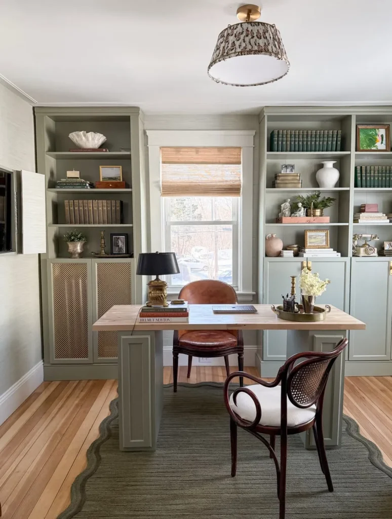 Classic Built-In Office With Sage Green Storage