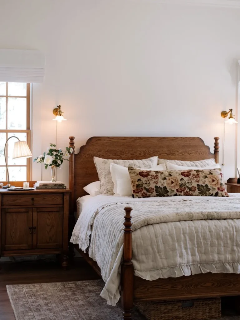 Classic Cozy Bedroom With Floral Pillows and Wood Furniture