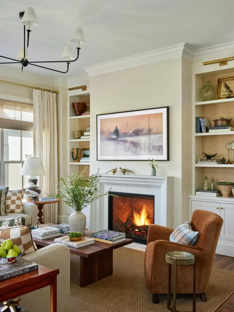 Classic Family Room With Built-Ins and Warm Leather Seating