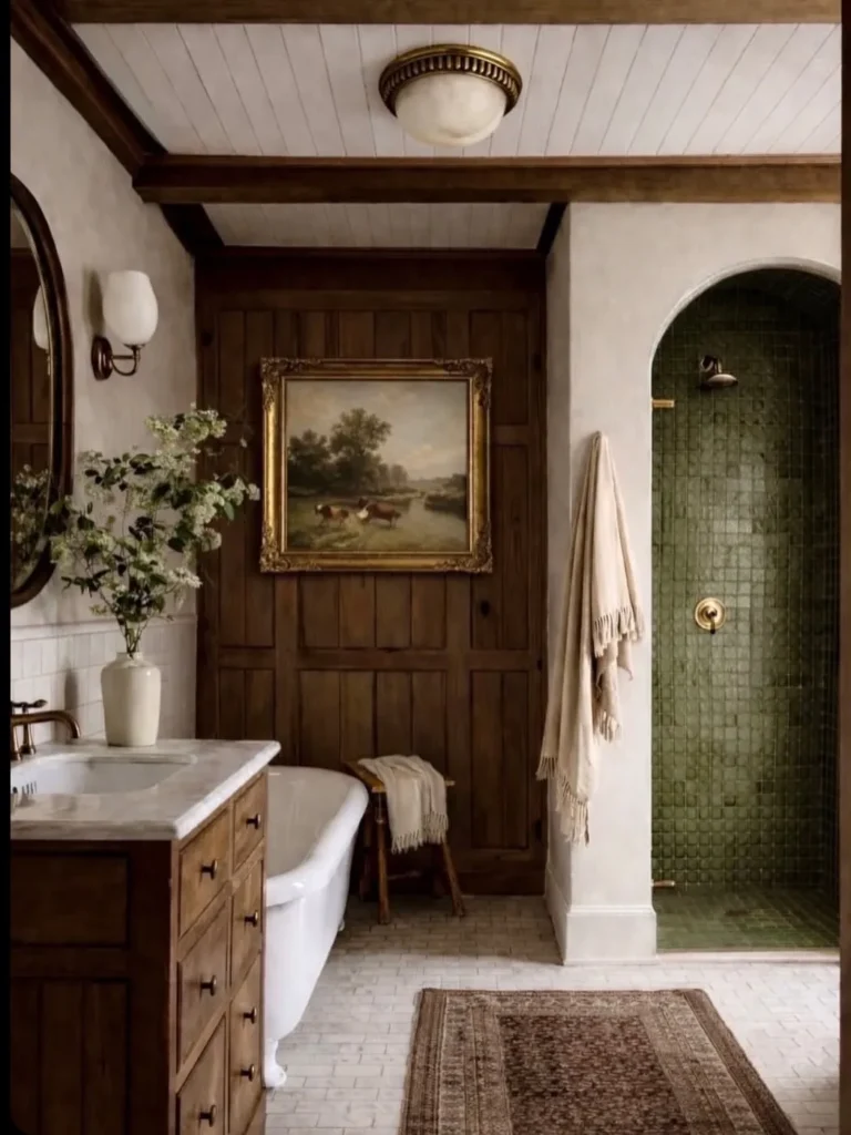 Classic Farmhouse Bathroom With Vintage Washstand
