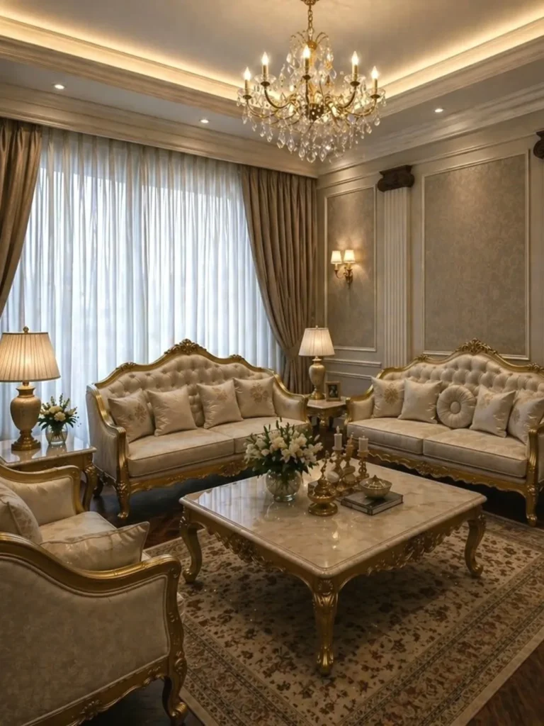 Classic Living Room With Gold Trim and Crystal Chandelier