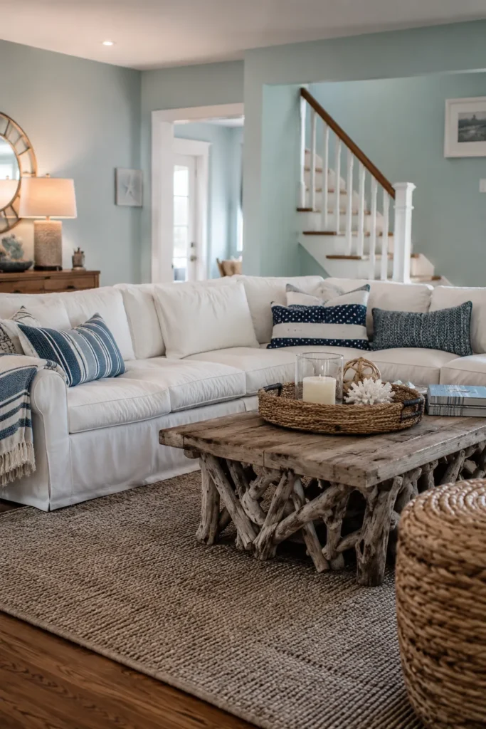 Coastal Family Room With Driftwood Coffee Table