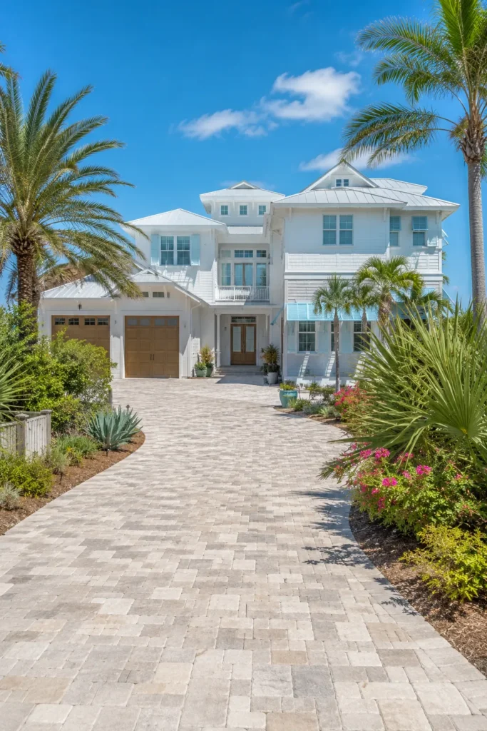 Coastal Home Driveway With Tropical Landscaping
