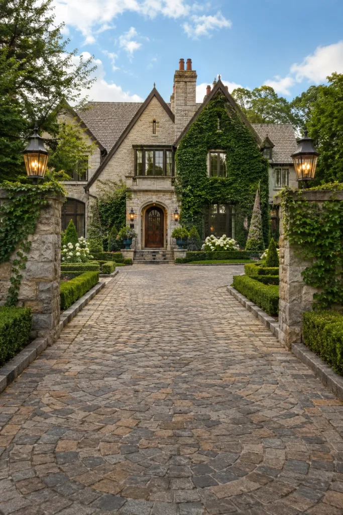Cobblestone Estate Entrance With Ivy-Covered Stone Facade