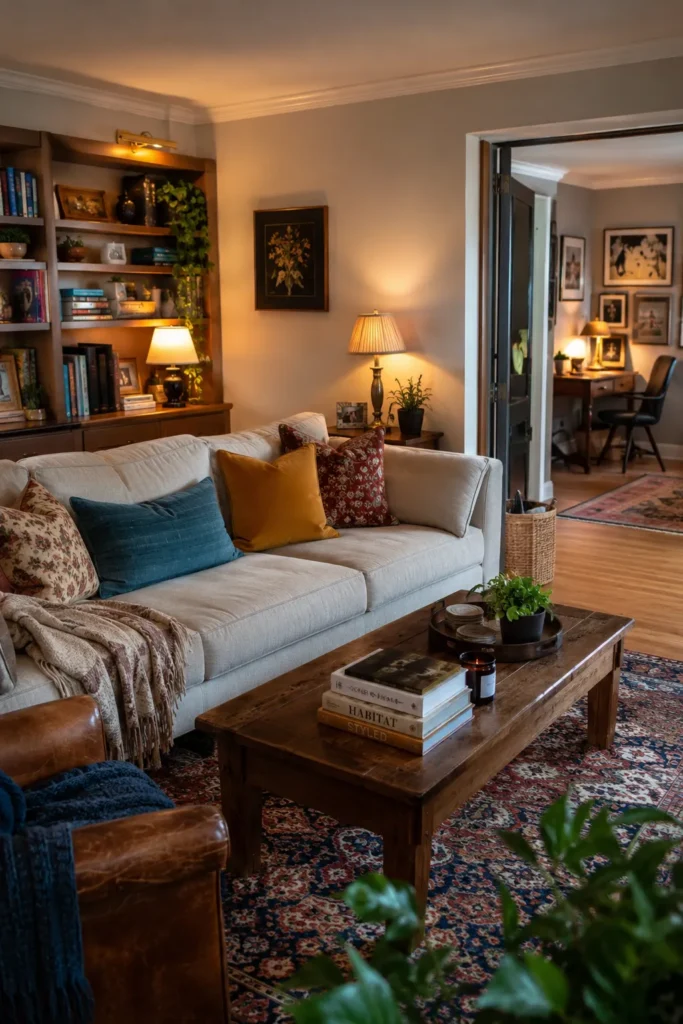 Collected Family Room With Bookshelves and Vintage Rugs