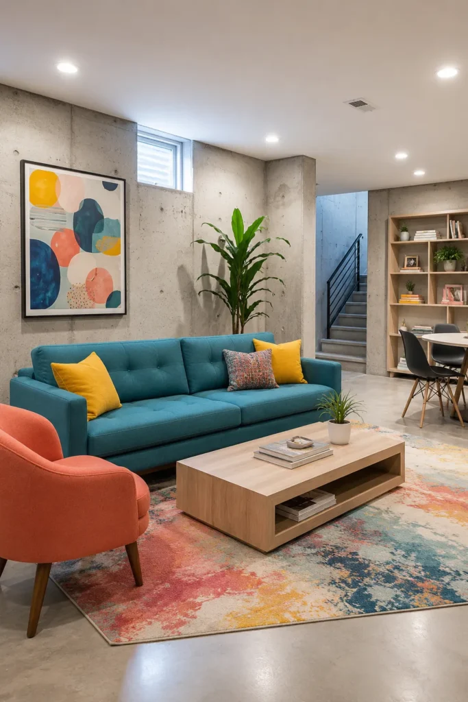 Colorful Living Space with Exposed Concrete Walls