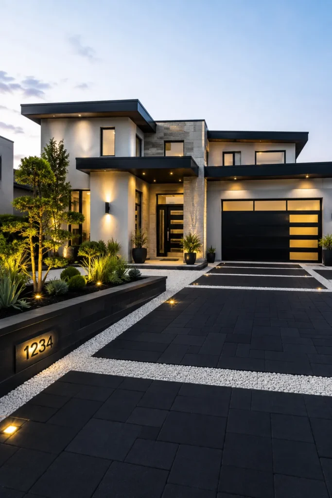 Contemporary Driveway With Black Paver Grid Pattern