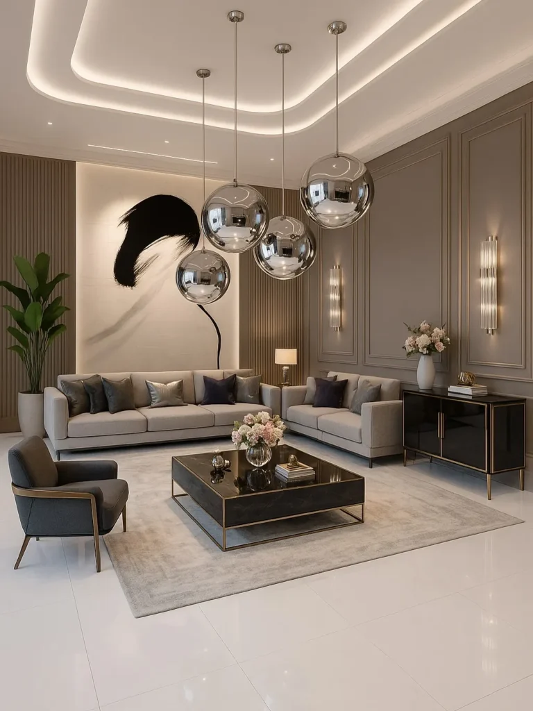 Contemporary Living Room With Chrome Pendant Lights