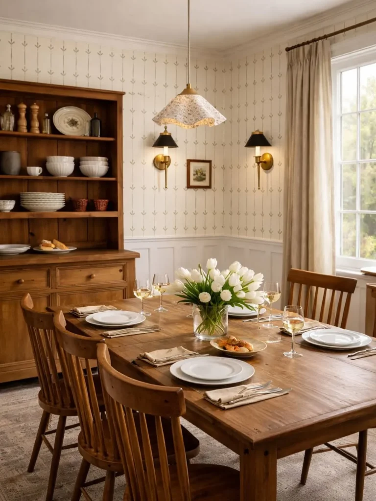 Cottage Dining Room With Warm Wood Furniture