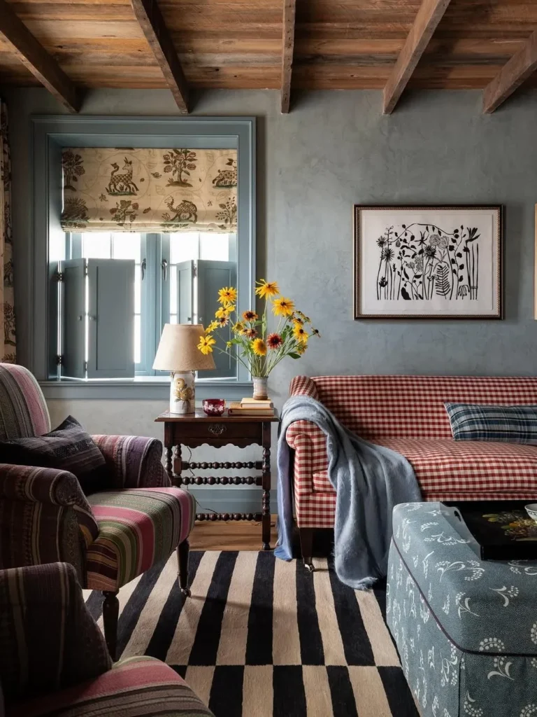 Cottage Family Room With Checks and Vintage Details