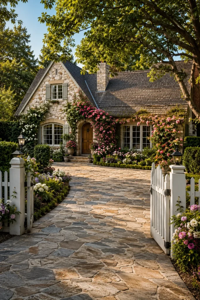Cottage Garden Driveway With Natural Stone Paving